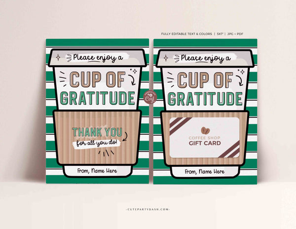Cup of Gratitude Gift Card Holder Coffee Thank You Card template Printable Teacher Employee Appreciation Week Editable Gift INSTANT DOWNLOAD