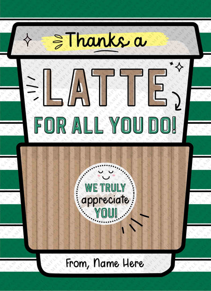 Thanks a Latte Gift Card Holder Coffee Thank You Teacher Card template Printable Employee Appreciation Week Editable Gift INSTANT DOWNLOAD