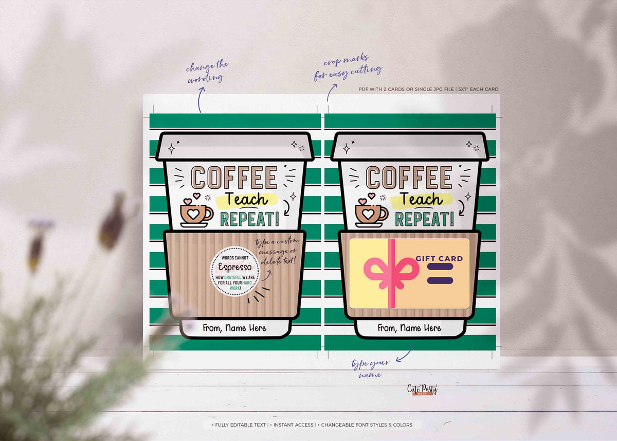 Cup of Gratitude Gift Card Holder Coffee Thank You Card template Print –  Cute Party Dash