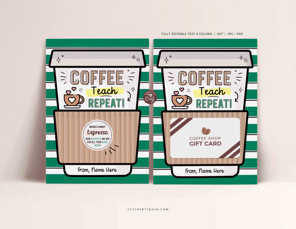 Thanks a Latte Gift Card Holder Coffee Thank You Teacher Card template Printable Coffee Teach Repeat Editable Gift card INSTANT DOWNLOAD