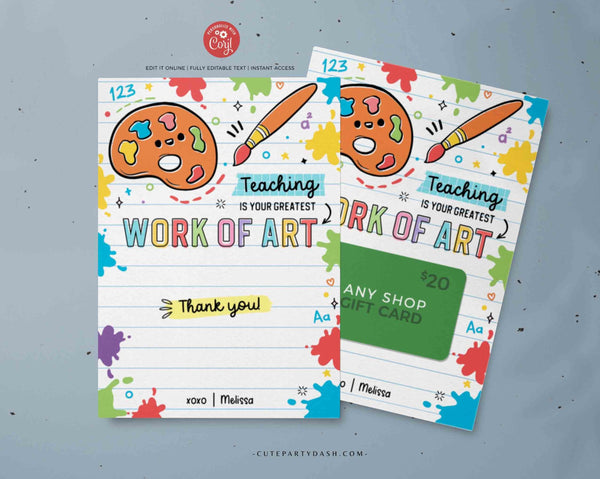 Editable Art Teacher Thank You Gift Card Holder template Printable Appreciation Week Gift End of the year Gift Card Holder INSTANT DOWNLOAD