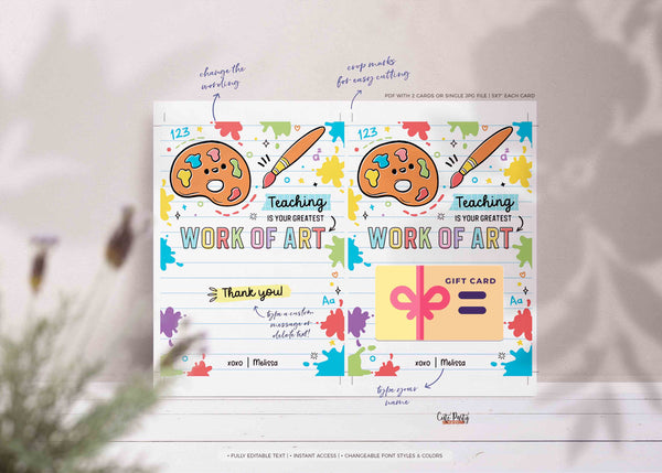 Editable Art Teacher Thank You Gift Card Holder template Printable Appreciation Week Gift End of the year Gift Card Holder INSTANT DOWNLOAD