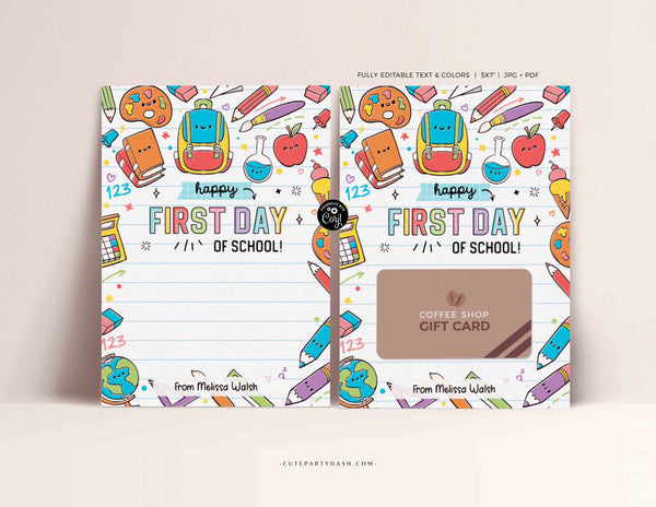 Editable Happy First Day of School Gift Card Holder Welcome Back to School Teacher Gift card template School Supplies Card INSTANT DOWNLOAD