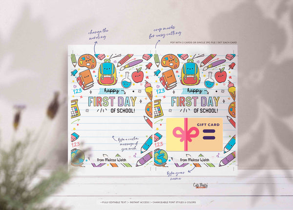 Editable Happy First Day of School Gift Card Holder Welcome Back to School Teacher Gift card template School Supplies Card INSTANT DOWNLOAD