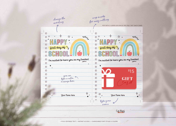 Editable Happy First Day of School Rainbow Gift Card Holder Welcome Back to School Teacher Gift card School Supplies Card INSTANT DOWNLOAD
