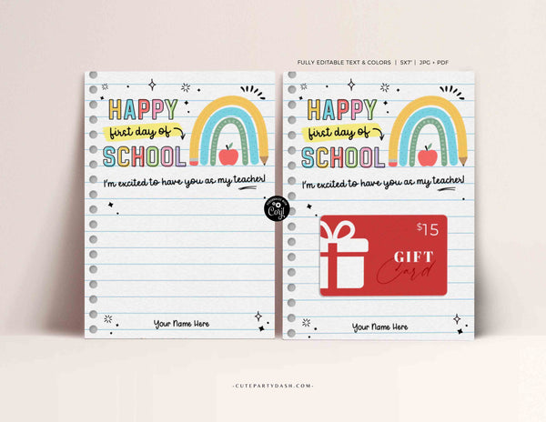 Editable Happy First Day of School Rainbow Gift Card Holder Welcome Back to School Teacher Gift card School Supplies Card INSTANT DOWNLOAD