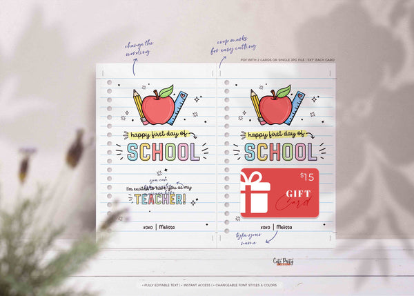 Editable Happy First Day of School Gift Card Holder Welcome Back to School Teacher Gift card template School Supplies Card INSTANT DOWNLOAD