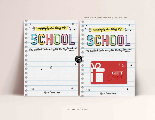 Happy First Day of School Gift Card Holder Editable Welcome Back to School Teacher Gift card School Supplies Card INSTANT DOWNLOAD