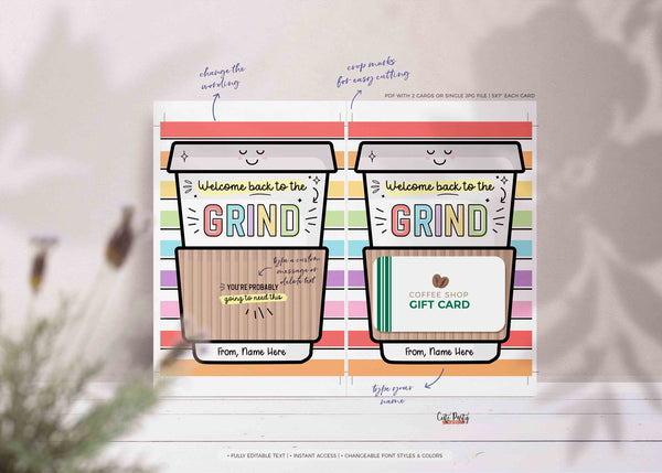 Editable Welcome Back to the grind School Teacher Gift Card Holder First Day Coffee Gift Card Holder Editable template INSTANT DOWNLOAD