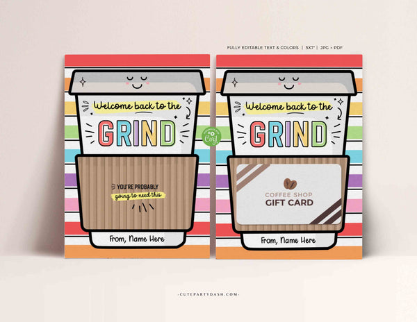 Editable Welcome Back to the grind School Teacher Gift Card Holder First Day Coffee Gift Card Holder Editable template INSTANT DOWNLOAD