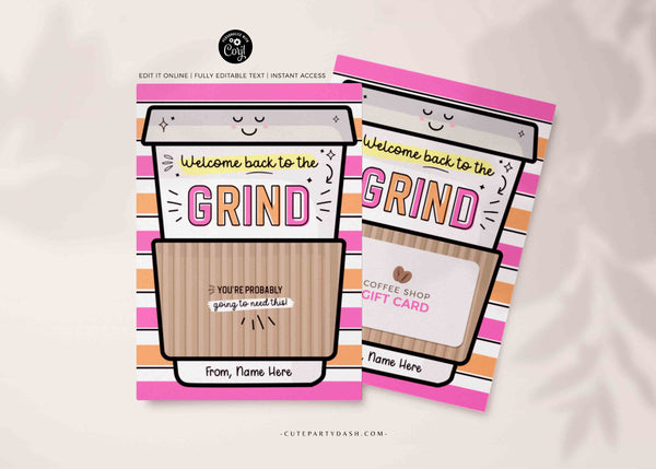 Welcome Back to the grind Gift Card Holder Editable School Teacher First Day Coffee Gift Card Holder Printable template INSTANT DOWNLOAD