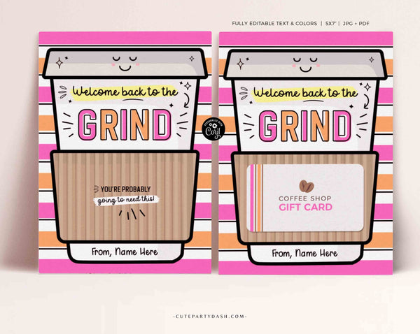Welcome Back to the grind Gift Card Holder Editable School Teacher First Day Coffee Gift Card Holder Printable template INSTANT DOWNLOAD
