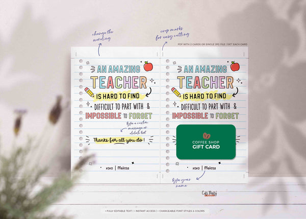 Editable Teacher Thank You Gift Card Holder template Printable Amazing Teacher Appreciation Week Gift Pto End of Year Gift INSTANT DOWNLOAD