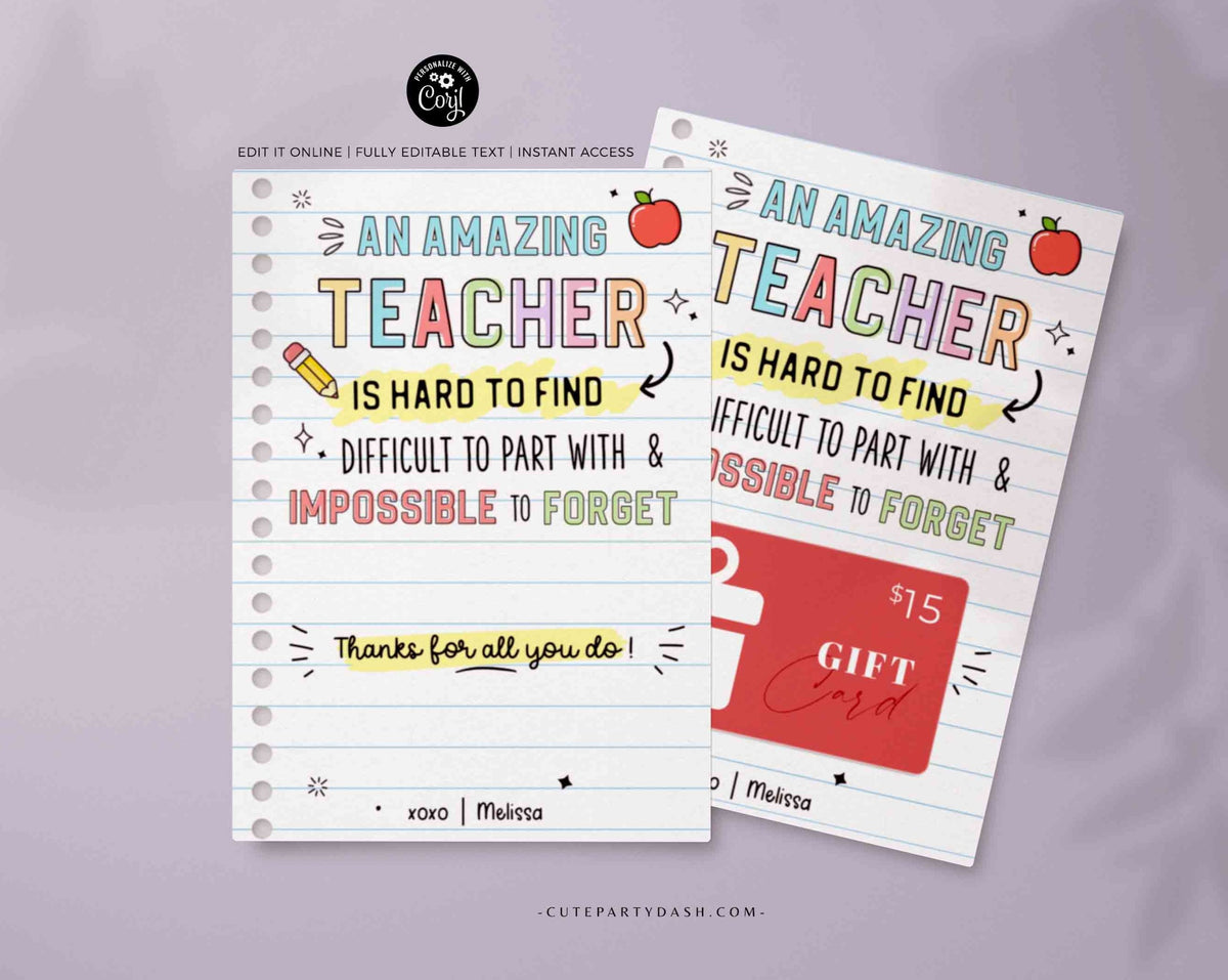 Editable Teacher Thank You Gift Card Holder template Printable Amazing ...