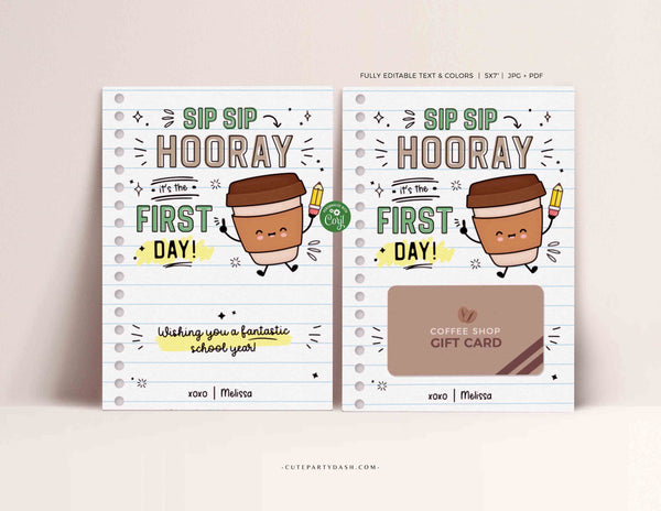 Sip Sip Hooray It's The First Day Gift Card Holder Template Editable Back to School Printable Coffee Gift for Teacher Work INSTANT DOWNLOAD