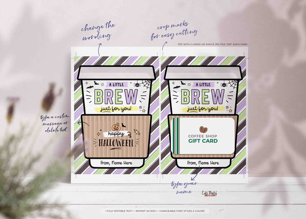 Halloween Coffee Gift Card Holder template INSTANT DOWNLOAD Editable A Little Brew Halloween Pumpkin Teacher Staff Party Fall Harvest