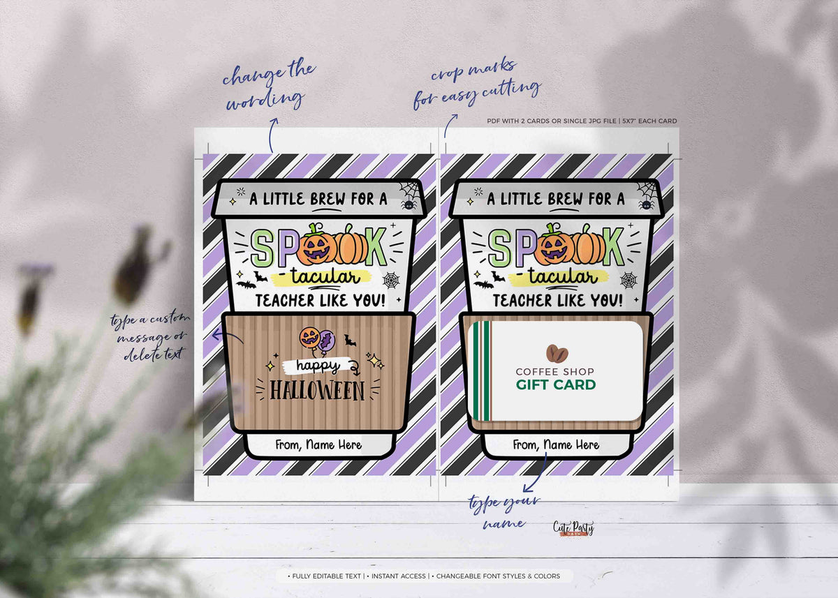Editable Fall Teacher Halloween Coffee Gift Card Holder template – Cute ...
