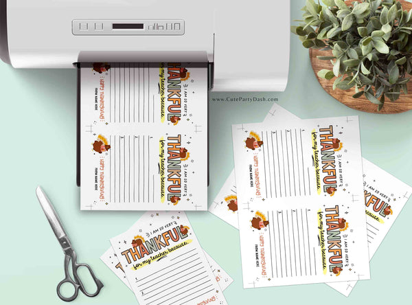 Editable Teacher Thanksgiving Card Printable Gift for Teacher INSTANT DOWNLOAD Printable Fill-in-the-blank Card Thankful for my teacher Card