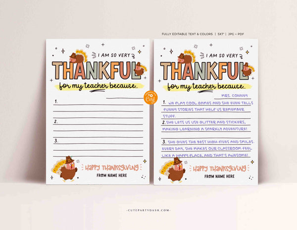 Editable Teacher Thanksgiving Card Printable Gift for Teacher INSTANT DOWNLOAD Printable Fill-in-the-blank Card Thankful for my teacher Card