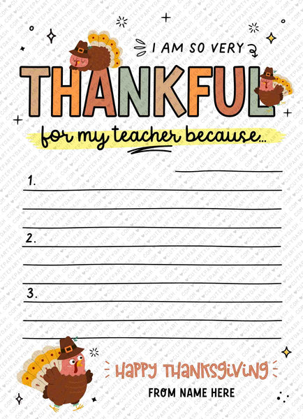 Editable Teacher Thanksgiving Card Printable Gift for Teacher INSTANT DOWNLOAD Printable Fill-in-the-blank Card Thankful for my teacher Card