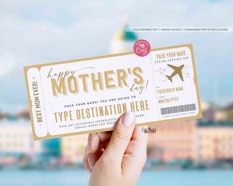 Mother's Day Boarding Pass Template, Surprise Trip gift ticket, Fake Airplane Ticket Trip - Digital Download