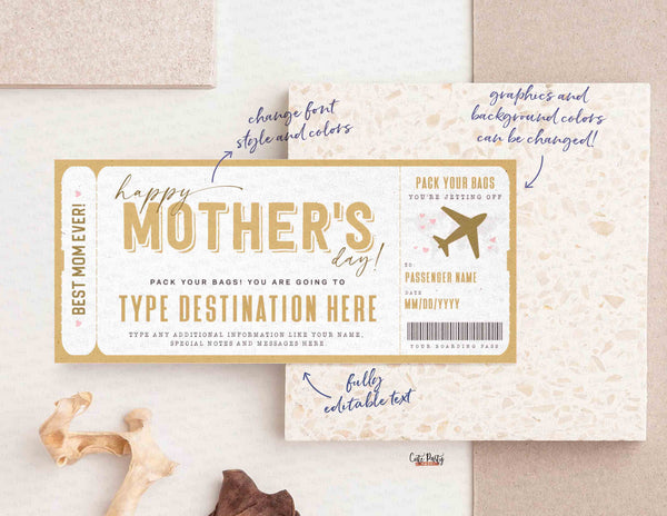 Mother's Day Boarding Pass Template, Surprise Trip gift ticket, Fake Airplane Ticket Trip - Digital Download