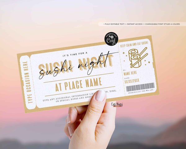 Sushi Night Gift Voucher Certificate, Surprise Date Night Coupon Template - Digital Download