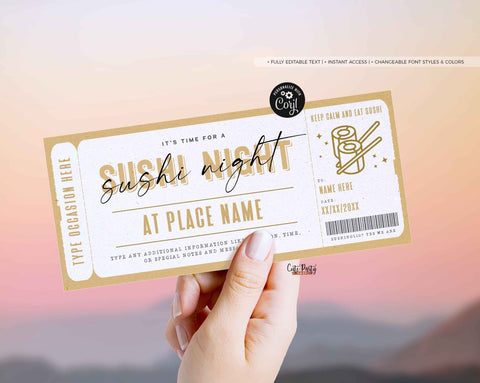 Sushi Night Gift Voucher Certificate, Surprise Date Night Coupon Template - Digital Download