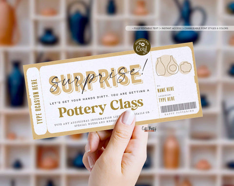 Pottery Class Gift Voucher Certificate, Surprise Pottery Classes Coupon Template - Digital Download