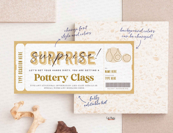 Pottery Class Gift Voucher Certificate, Surprise Pottery Classes Coupon Template - Digital Download