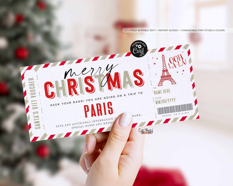Christmas Trip to Paris Gift ticket Template, Editable Holiday ticket, Surprise France Vacation Boarding Pass Ticket Trip - Digital Download