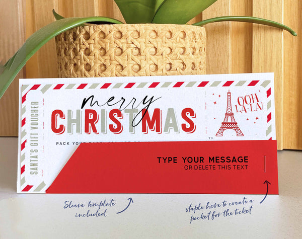 Christmas Trip to Paris Gift ticket Template, Editable Holiday ticket, Surprise France Vacation Boarding Pass Ticket Trip - Digital Download
