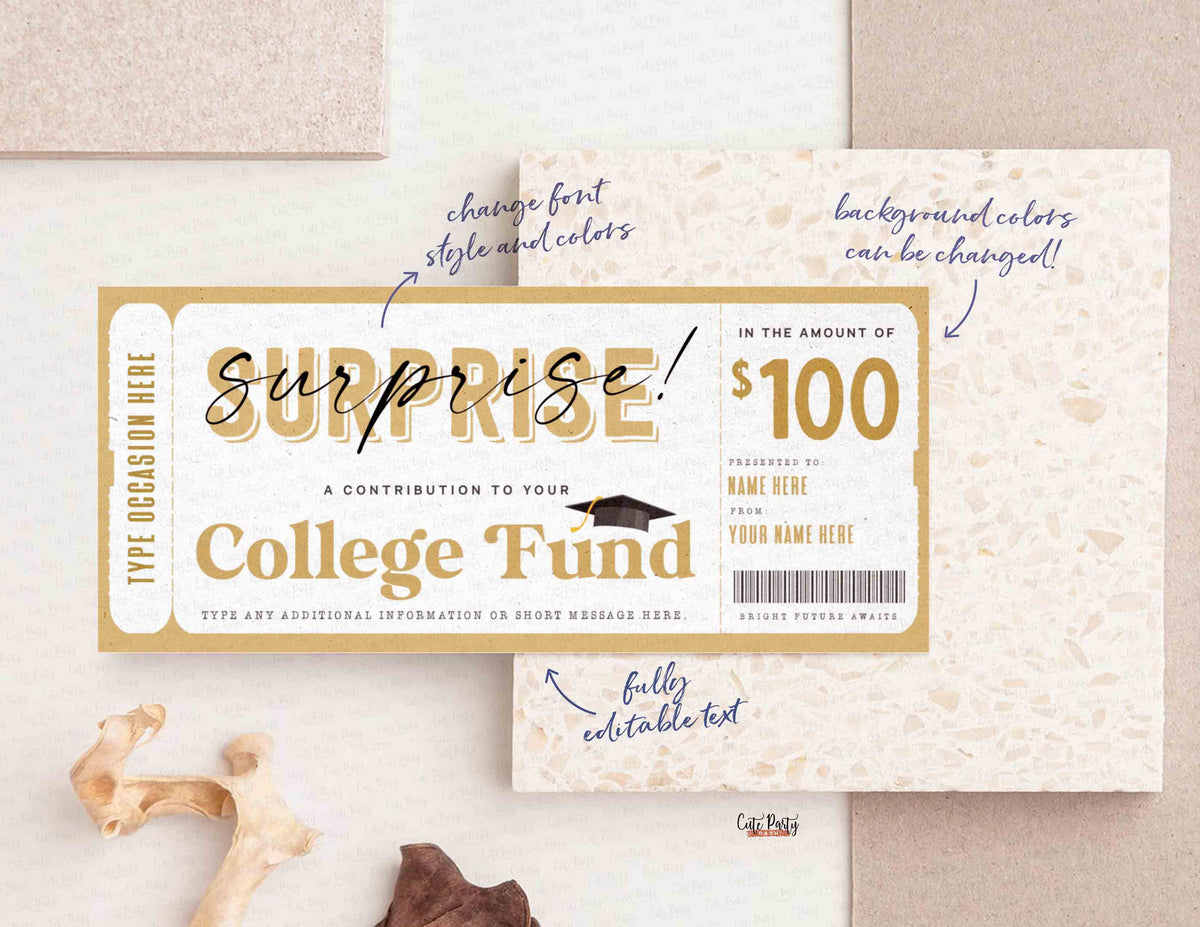 EDITABLE Birthday gift, College Fund Template, Any amount Gift Certifi ...