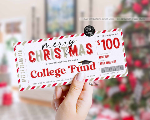 Christmas College Fund Template, Any amount Gift Certificate Tuition, 529 College Savings Plan Contribution - Digital Download