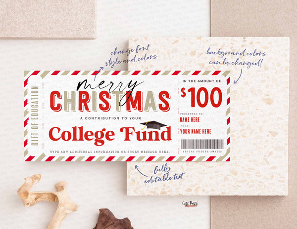 Christmas College Fund Template, Any amount Gift Certificate Tuition, 529 College Savings Plan Contribution - Digital Download