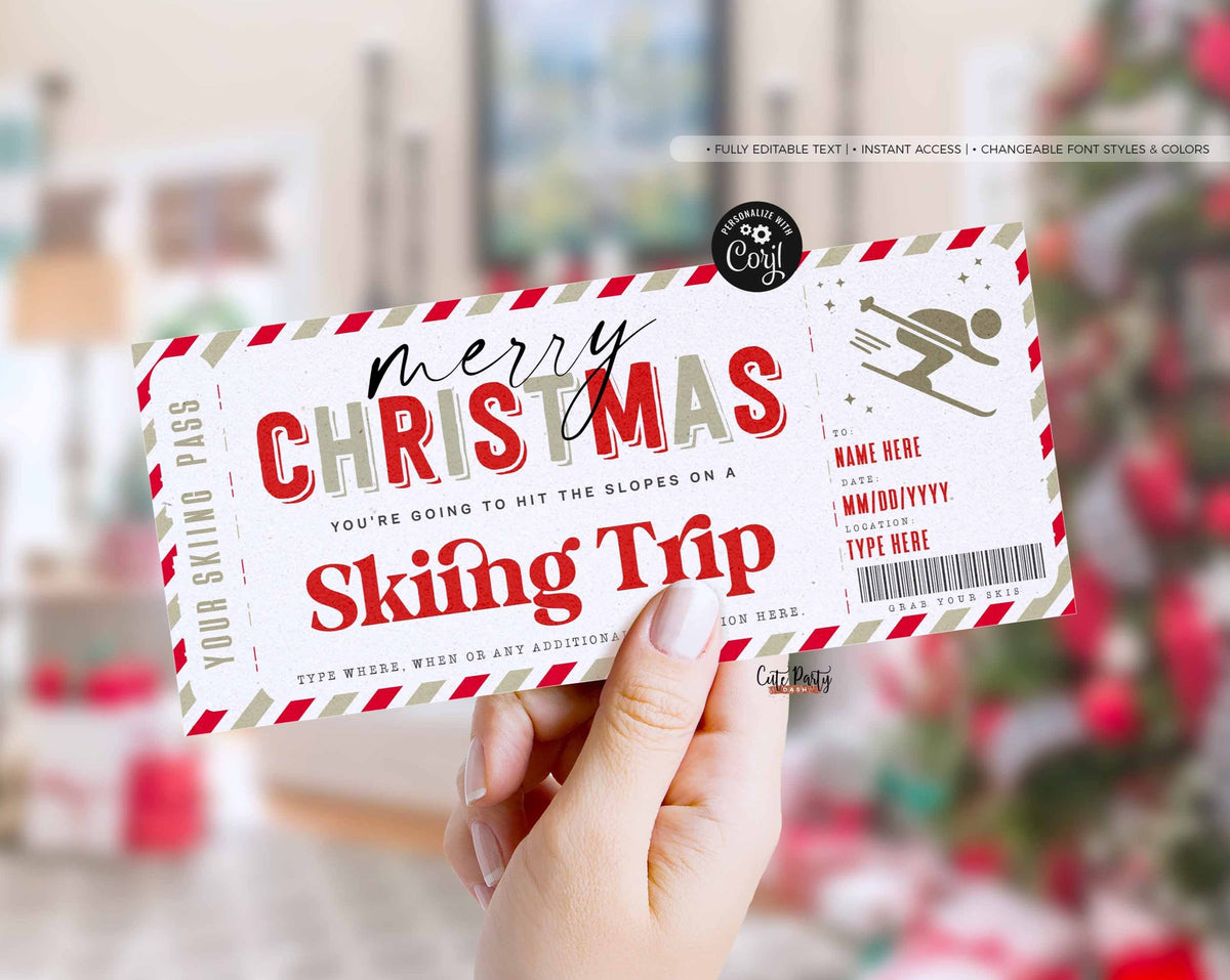 Christmas Surprise Ski Trip Ticket Template Skiing Pass Gift Voucher