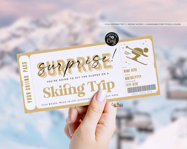 Surprise Ski Trip Ticket Template, Ski Pass Gift Voucher Template , Printable Skiing Birthday Gift idea INSTANT DOWNLOAD