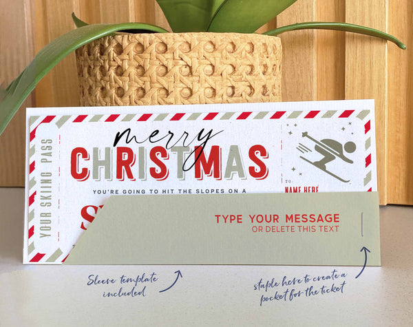Christmas Surprise Ski Trip Ticket Template, Skiing Pass Gift Voucher - Digital Download