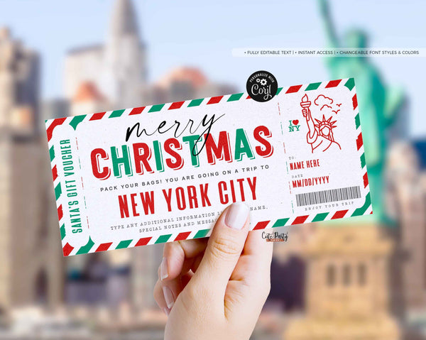 Christmas New York trip ticket Template, Editable Holiday gift ticket, Surprise NYC Vacation Boarding Pass Ticket Trip INSTANT DOWNLOAD