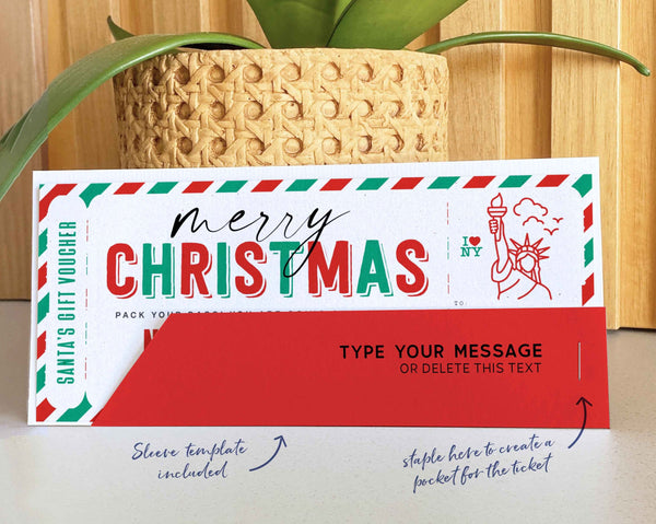 Christmas New York trip ticket Template, Editable Holiday gift ticket, Surprise NYC Vacation Boarding Pass Ticket Trip INSTANT DOWNLOAD