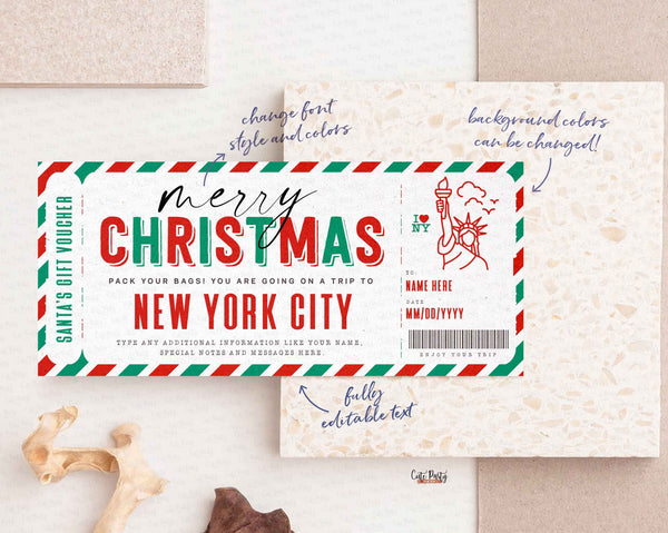 Christmas New York trip ticket Template, Editable Holiday gift ticket, Surprise NYC Vacation Boarding Pass Ticket Trip INSTANT DOWNLOAD