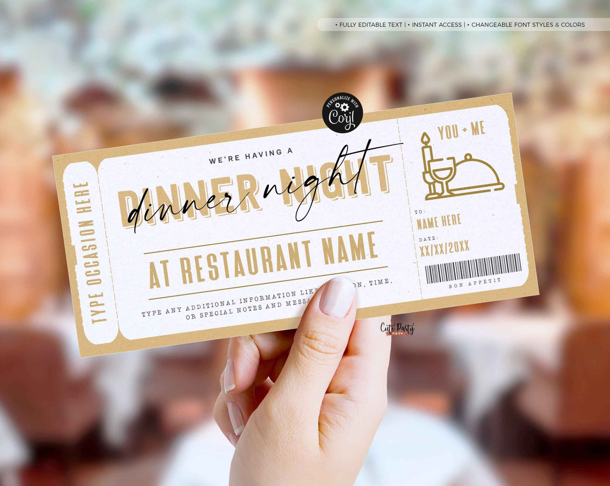 Dinner Night Gift Voucher Certificate, Date Night Coupon Digital Dow