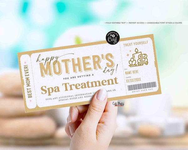 Mother's Day Spa Gift Voucher Certificate Ticket Template, Massage Coupon - Digital Download