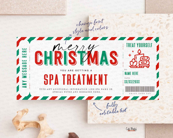Christmas Spa Gift Voucher Certificate Ticket Template, Massage Coupon - Digital Download