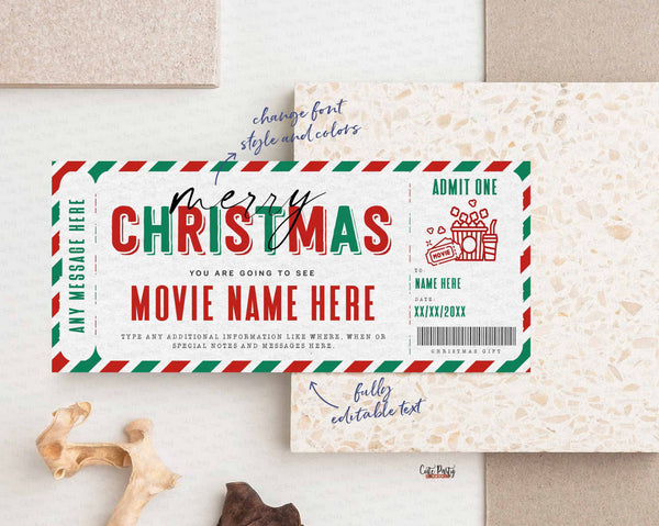 Christmas Surprise Movie Night Gift Ticket Template  - Digital Download