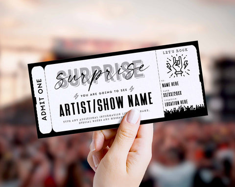 Rock Concert Ticket Template, Editable Surprise Rock band Show Voucher - Digital Download