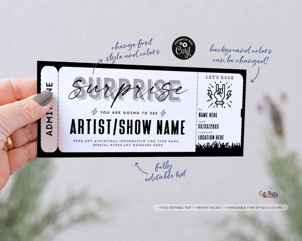 Rock Concert Ticket Template, Editable Surprise Rock band Show Voucher - Digital Download