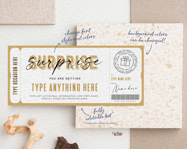 Surprise Birthday Gift Ticket Template, Editable Surprise Experience Ticket Voucher - Digital Download