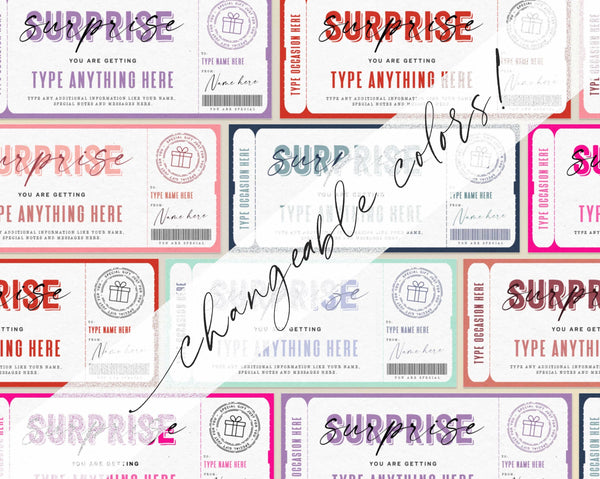 Surprise Birthday Gift Ticket Template, Editable Surprise Experience Ticket Voucher - Digital Download