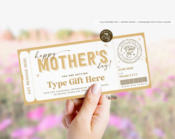 Mother's Day Gift Voucher, Surprise Gift for Mom Certificate Template, Experience Ticket Editable Golden Gift Ticket Coupon - Digital Download